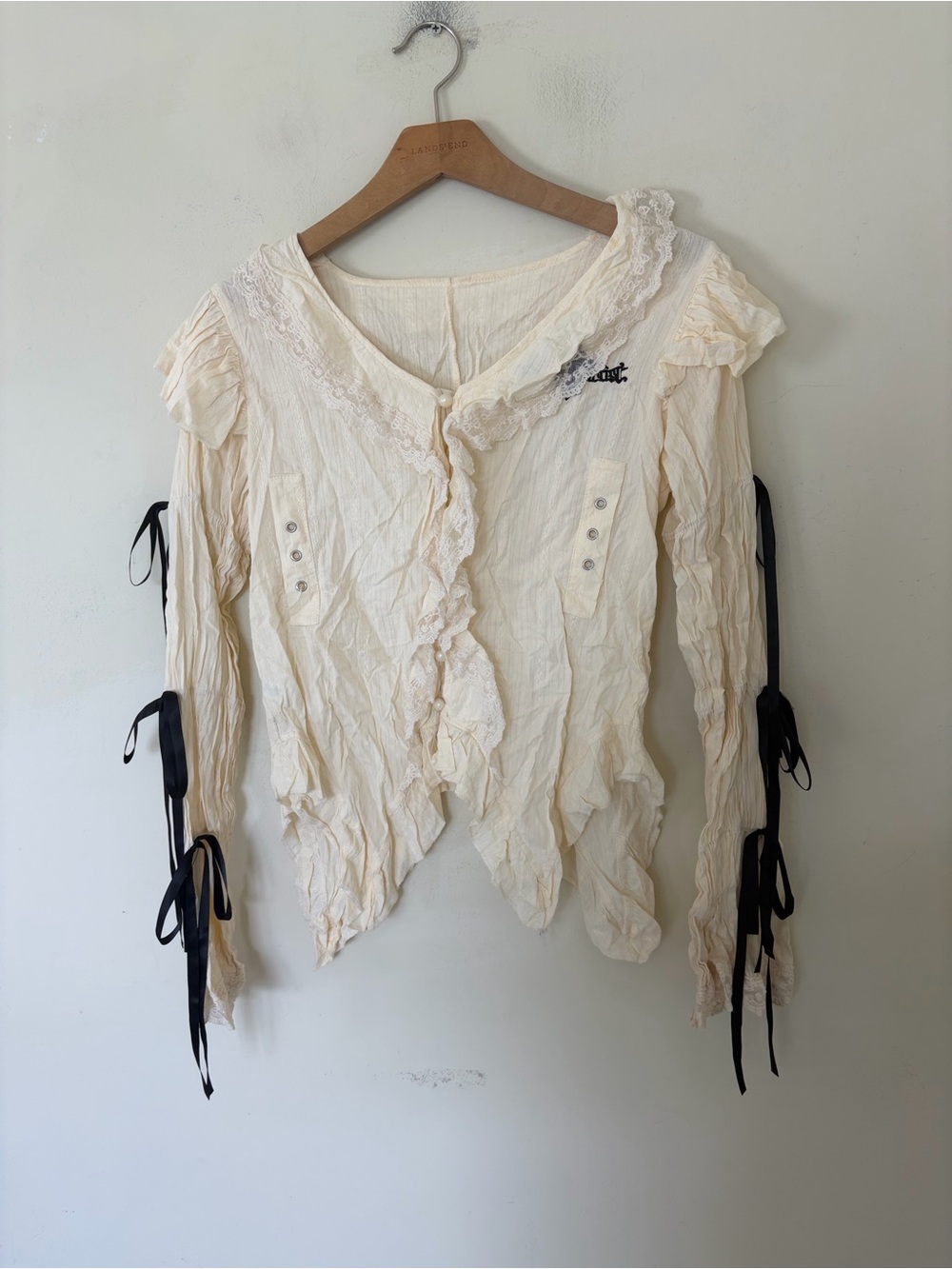 Y2k vintage gothic blouses featuring delicate cream lace ruffles and contrasting